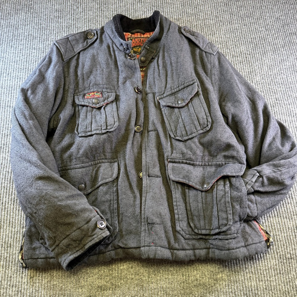 Artful Dodger Military Field Jacket 3XL Grey Textured Cotton Plaid Lined NYC